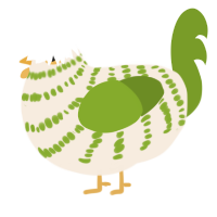 A cream and chartreuse chicken with a bar pattern
