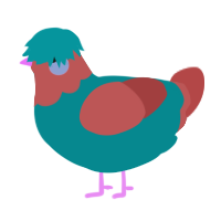A teal and red chicken with a head pattern