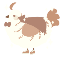 A cream and vermilion chicken with a half-bar pattern