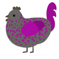A grey and plum chicken with a speckle pattern
