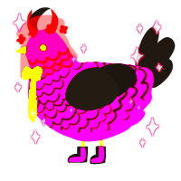 A fuchsia and sable chicken with a lace pattern