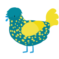 A sea and yellow chicken with a speckle pattern