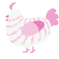 A white and pink chicken with a bar pattern