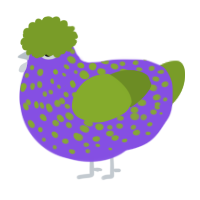 A blurple and chartreuse chicken with a speckle pattern