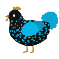 A black and cerulean chicken with a speckle pattern