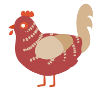 A red and beige chicken with a half-bar pattern
