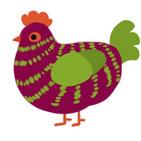A maroon and chartreuse chicken with a bar pattern