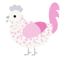 A white and pink chicken with a speckle pattern