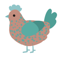 A vermilion and turquoise chicken with a speckle pattern