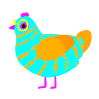CMYK, a aqua and orange chicken with a bar pattern