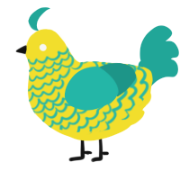 sprite, a yellow and turquoise chicken with a lace pattern