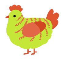 A lime and vermilion chicken with a half-bar pattern