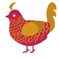 A crimson and ochre chicken with a lace pattern