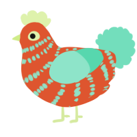 A vermilion and mint chicken with a bar pattern