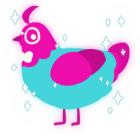 A aqua and fuchsia chicken with a head pattern