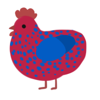 EYE BLOOD, a crimson and ultramarine chicken with a speckle pattern