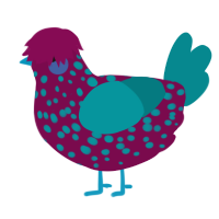 A wine and teal chicken with a speckle pattern