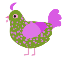 A chartreuse and orchid chicken with a speckle pattern