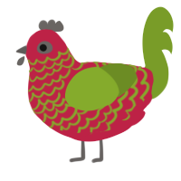 A crimson and chartreuse chicken with a lace pattern