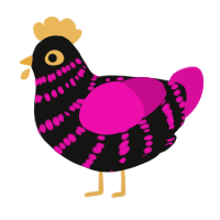 Sal, a black and fuchsia chicken with a bar pattern