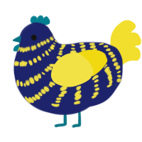 Midnight, a navy and yellow chicken with a bar pattern