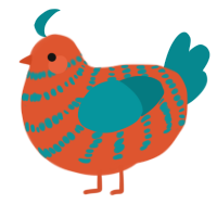 A vermilion and teal chicken with a bar pattern