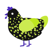 A black and lime chicken with a speckle pattern
