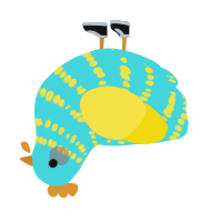 A aqua and yellow chicken with a bar pattern