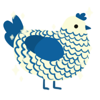 A white and ultramarine chicken with a lace pattern