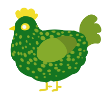 A leaf and chartreuse chicken with a speckle pattern