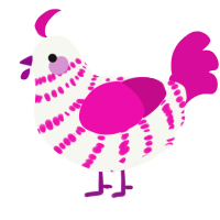 Unicorn, a white and fuchsia chicken with a bar pattern