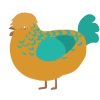 A orange and turquoise chicken with a half-lace pattern