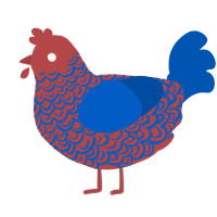 Kip, a red and ultramarine chicken with a double-lace pattern