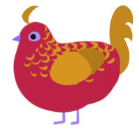 A crimson and ochre chicken with a half-lace pattern