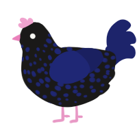 Escailiber, a sable and navy chicken with a speckle pattern
