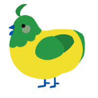 A yellow and viridian chicken with a head pattern