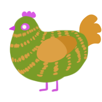 A chartreuse and orange chicken with a bar pattern