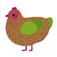 A red and chartreuse chicken with a double-lace pattern