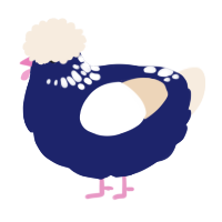 A navy and cream chicken with a neck-speckle pattern