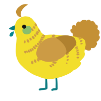 Fuzzle, a yellow and gold chicken with a half-bar pattern
