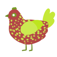 A red and lime chicken with a speckle pattern