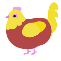 A red and yellow chicken with a head pattern