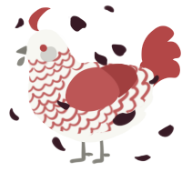 A white and red chicken with a lace pattern
