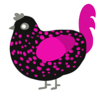 Esoteria, a black and fuchsia chicken with a speckle pattern