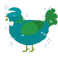 A teal and viridian chicken with a neck-speckle pattern