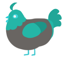 MIKU CHILD, a grey and turquoise chicken with a head pattern