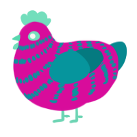 A fuchsia and teal chicken with a bar pattern