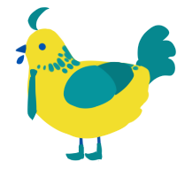 A yellow and teal chicken with a neck-speckle pattern