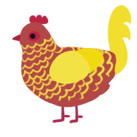 A red and yellow chicken with a lace pattern