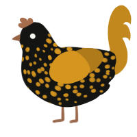 A black and ochre chicken with a speckle pattern